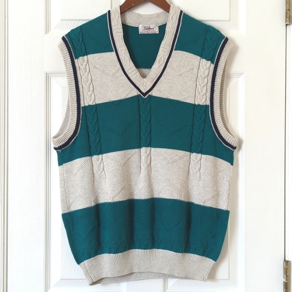 Titleist 90s Vintage Preppy Striped Jacquard & Cable Knit Sweater Vest Teal Gray
